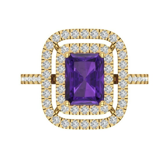 2.62 ctw with Simulated Diamond Halo Accents Anniversary Ring for Women | Emerald Cut Natural Amethyst | Hyperallergenic Solid 18K Yellow Gold