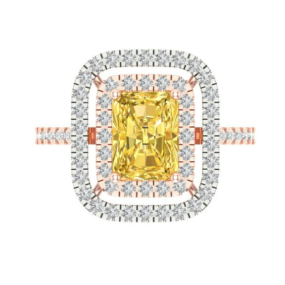 2.62 ctw with Simulated Diamond Halo Accents Anniversary Ring for Women | Emerald Cut Natural Citrine | Hyperallergenic Solid 14K Rose/White Gold
