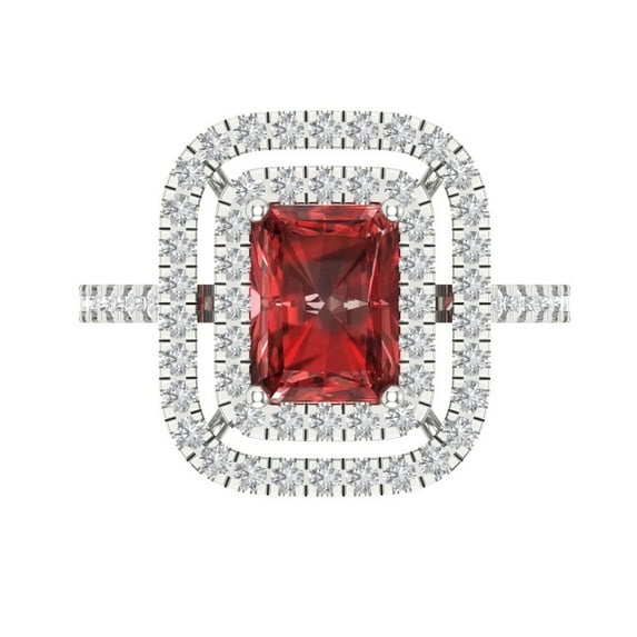 2.62 ctw with Simulated Diamond Halo Accents Anniversary Ring for Women | Emerald Cut Natural Garnet | Hyperallergenic Solid 18K White Gold