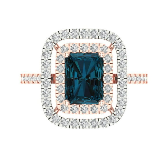 2.62 ct Emerald Cut Natural London Blue Topaz with Simulated Diamond Halo Accents 18K Rose/White Gold Womens Engagement Ring