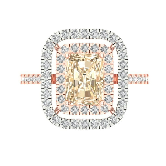2.62 ct Emerald Cut Natural Morganite with Simulated Diamond Halo Accents 14K Rose/White Gold Womens Engagement Ring