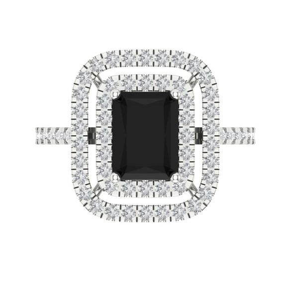 2.62 ctw with Simulated Diamond Halo Accents Anniversary Ring for Women | Emerald Cut Natural Onyx | Hyperallergenic Solid 14K White Gold