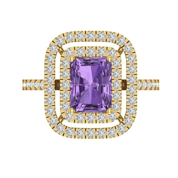 2.62 ctw with Simulated Diamond Halo Accents Anniversary Ring for Women | Emerald Cut Simulated Alexandrite | Hyperallergenic Solid 14K Yellow Gold