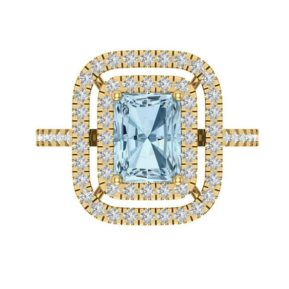 2.62 ctw with Simulated Diamond Halo Accents Anniversary Ring for Women | Emerald Cut Simulated Blue Diamond | Hyperallergenic Solid 18K Yellow Gold
