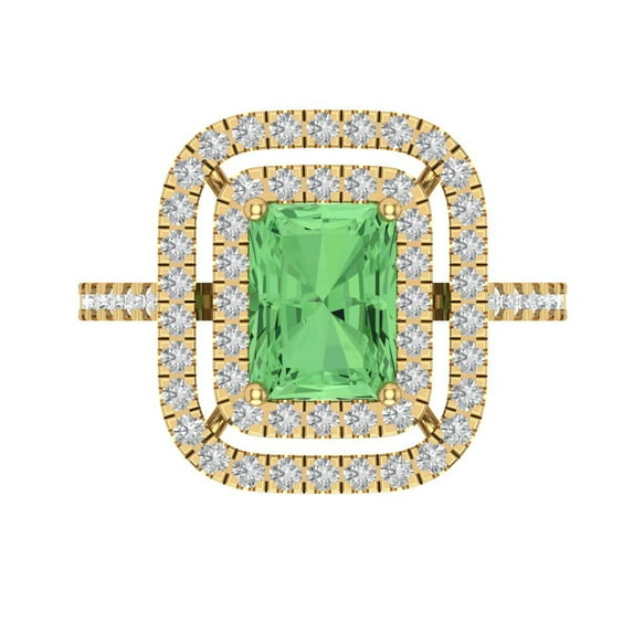 2.62 ctw with Simulated Diamond Halo Accents Anniversary Ring for Women | Emerald Cut Simulated Green Diamond | Hyperallergenic Solid 18K Yellow Gold
