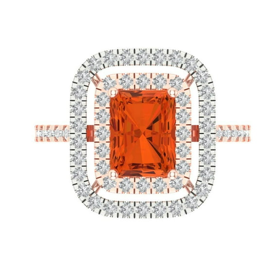 2.62 ct Emerald Cut Simulated Red Diamond with Simulated Diamond Halo Accents 14K Rose/White Gold Womens Engagement Ring