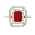 thumbnail image 1 of 2.62 ctw with Simulated Diamond Halo Accents Anniversary Ring for Women | Emerald Cut Simulated Ruby | Hyperallergenic Solid 14K Rose/White Gold, 1 of 5