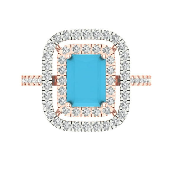 2.62 ctw with Simulated Diamond Halo Accents Anniversary Ring for Women | Emerald Cut Simulated Turquoise | Hyperallergenic Solid 18K Rose/White Gold
