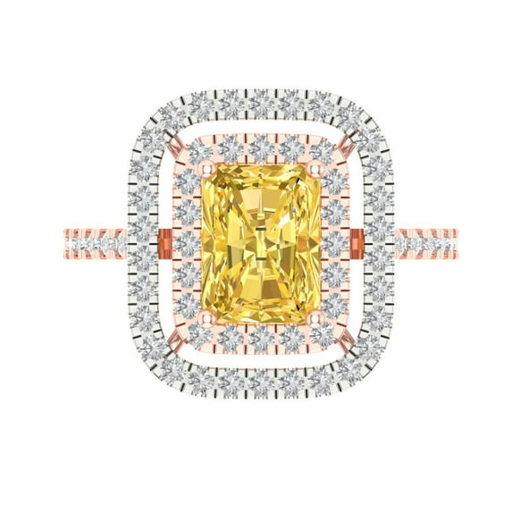 2.62 ct Emerald Cut Simulated Yellow Diamond with Simulated Diamond Halo Accents 18K Rose/White Gold Womens Engagement Ring