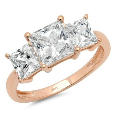 2.62 ct Princess Cut Genuine Cultured Diamond VS1-VS2 I-J 18K Rose Gold Three-Stone Promise Wedding Statement Engagement Designer Ring size 3.5