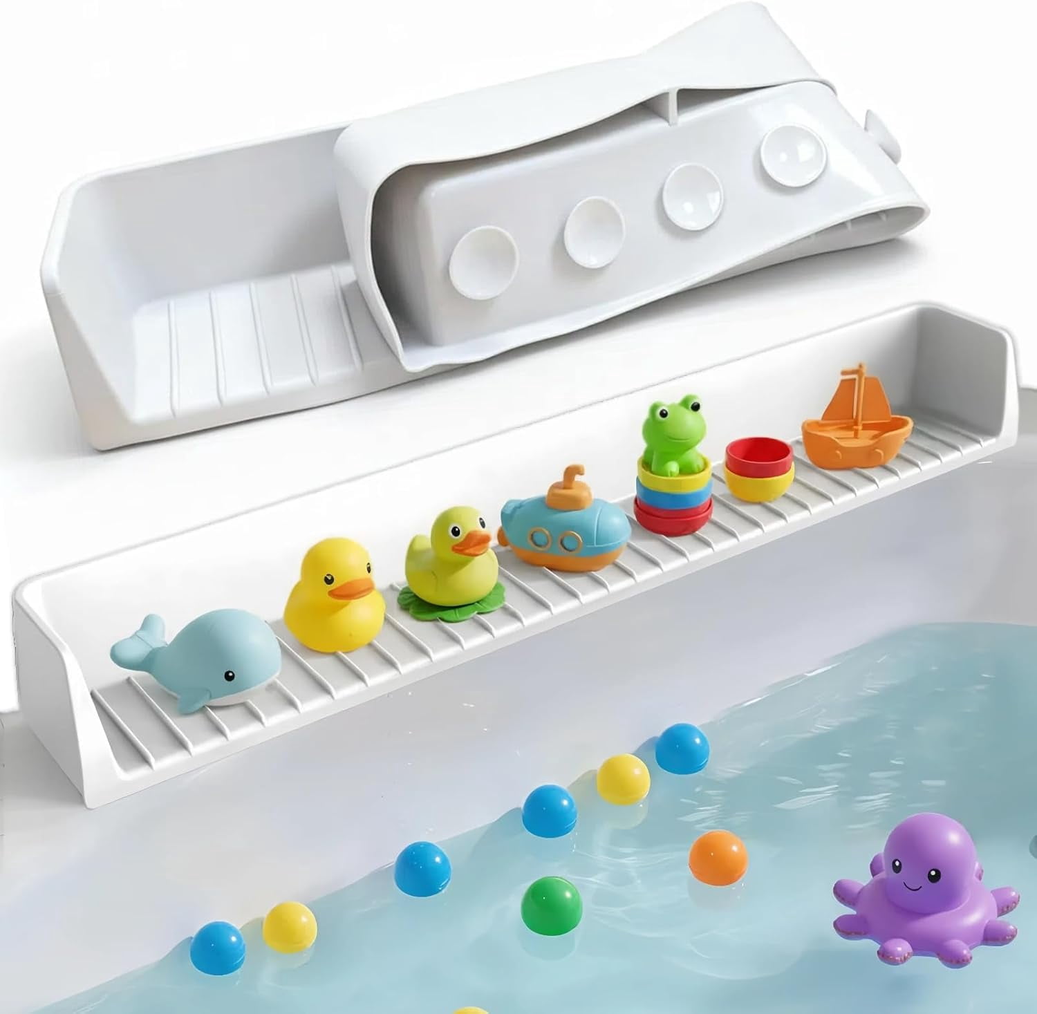 2.62FT Bathtub Splash Guard with Strong Suction Cups, Silicone Toy Tray ...