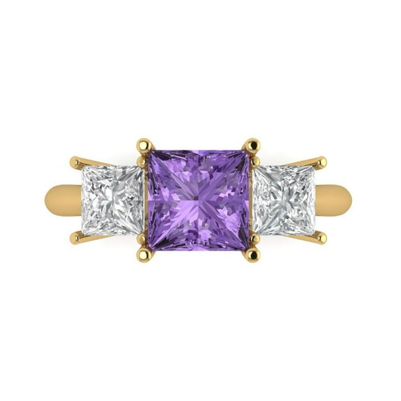 2.5 ctw 3 Stone Anniversary Ring for Women | Princess Cut Simulated Alexandrite | Hyperallergenic Solid 18K Yellow Gold
