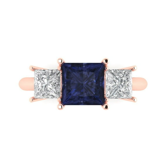 2.5 ct Princess Cut Simulated Blue Sapphire 3 Stone 14K Rose Gold Womens Engagement Ring