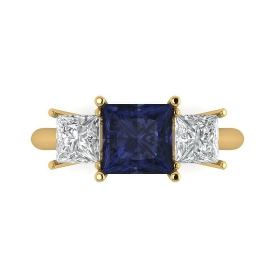 2.5 ct Princess Cut Simulated Blue Sapphire 3 Stone 18K Yellow Gold Womens Engagement Ring