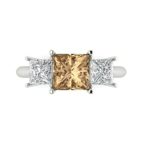 2.5 ct Princess Cut Simulated Champagne Diamond 3 Stone 18K White Gold Womens Engagement Ring
