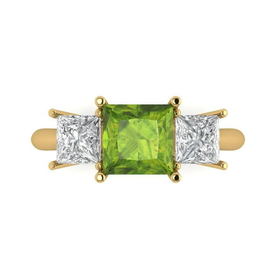 Clara Pucci 14K Yellow Gold Solid Gold Peridot Three-Stone Anniversary Ring for Women - 2.5 cttw Princess Cut