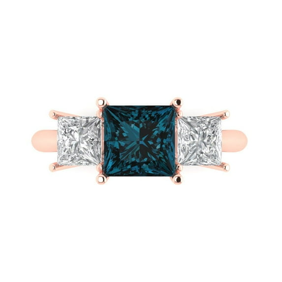 Clara Pucci 14K Rose Gold Solid Gold LondonBlueTopaz Three-Stone Anniversary Ring for Women - 2.5 cttw Princess Cut