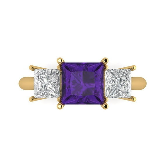 Clara Pucci 14K Yellow Gold Solid Gold Amethyst Three-Stone Anniversary Ring for Women - 2.5 cttw Princess Cut