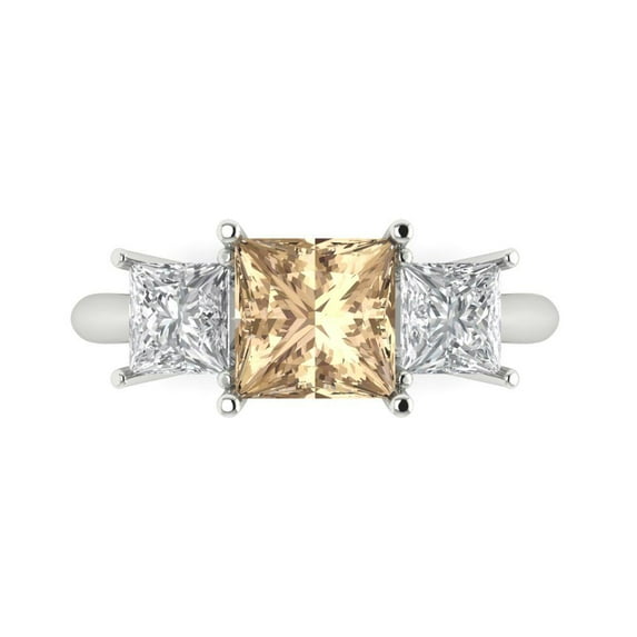 2.5 ct Princess Cut Yellow Moissanite 3 Stone 14K White Gold Womens Engagement Ring