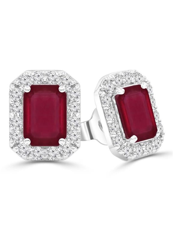 2.63 CTW Emerald Red Ruby Emerald Halo Stud Earrings in 14K White Gold