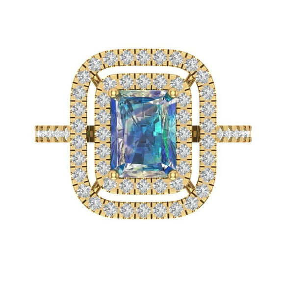 2.62 ct Emerald Cut Blue Moissanite with Simulated Diamond Halo Accents 18K Yellow Gold Womens Engagement Ring