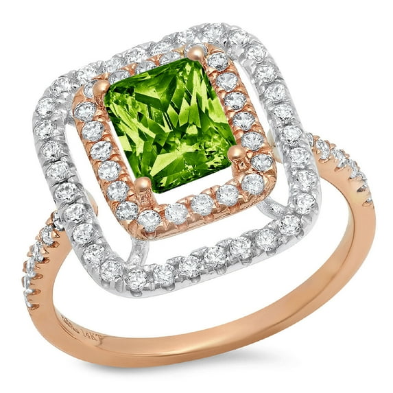2.62 ct Emerald Cut Natural Peridot with Simulated Diamond Halo Accents 18K Rose/White Gold Womens Engagement Ring