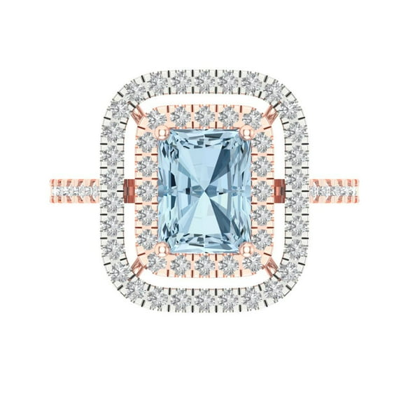 2.62 ct Emerald Cut Natural Sky Blue Topaz with Simulated Diamond Halo Accents 18K Rose/White Gold Womens Engagement Ring