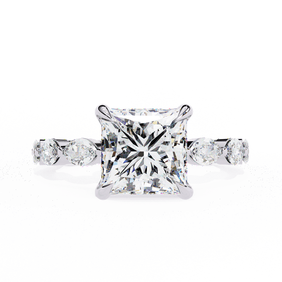 2.64 CT Princess Cut IGI Certified Lab Created Diamond Claw Prongs Wedding Ring, Side Marquise Diamond Anniversary Gift Ring For Bridal