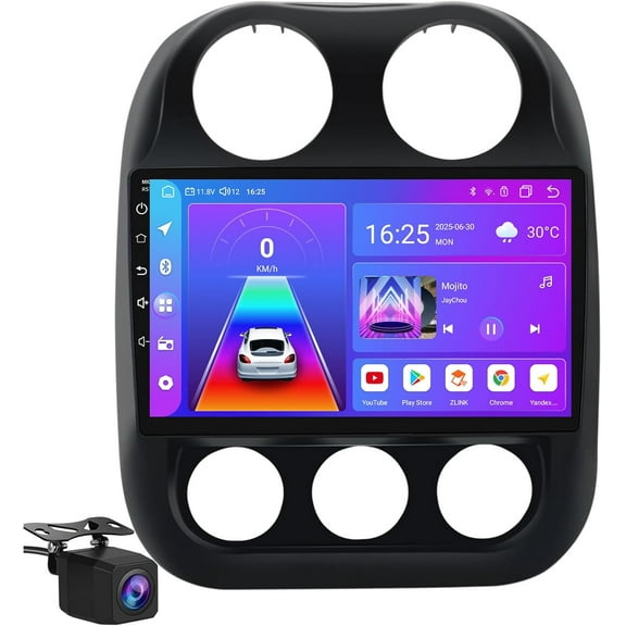 2+64G 10.1" IPS Touch Screen Android 14 Car Stereo for Jeep Compass/Patriot 2010-2016 with Wireless CarPlay/Android Auto, WiFi/Bluetooth, Backup Camera, Steering Control