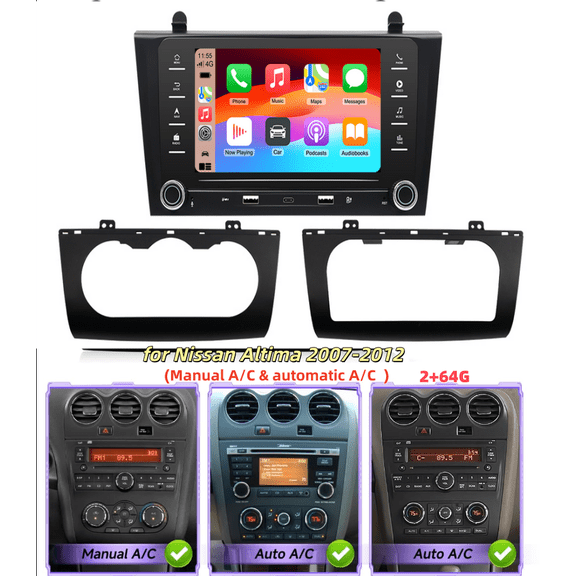 2+64G 7in Android 14 Car Stereo GPS Navigation for Nissan Altima 2007-2012(Manual & Auto A/C ) Support Wireless Carplay Android Auto Voice Control Bluetooth Wifi FM SWC OTA + AHD Backup Camera