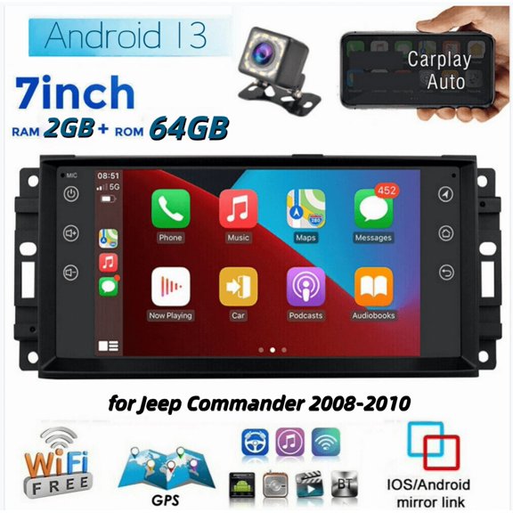 2+64G 7in Car Stereo Compatible for Jeep Commander 2008-2010 with Carplay Android Auto GPS Navigation Android 13 Car Radio with Bluetooth Wifi FM SWC Split Screen + AHD Backup Camera Mic