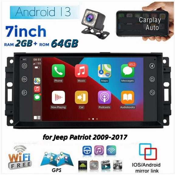 2+64G 7in Car Stereo Compatible for Jeep Patriot 2009-2017 with Carplay Android Auto GPS Navigation Android 13 Car Radio with Bluetooth Wifi FM SWC Split Screen + AHD Backup Camera Mic
