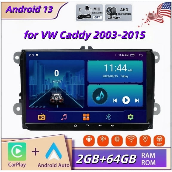 2+64G Android 13 9-inch Car Stereo Radio Compatible for VW Caddy 2003-2015 with Carplay and Android Auto GPS Navigation WiFi Bluetooth SWC RDS DSP DAB + AHD Backup Camera