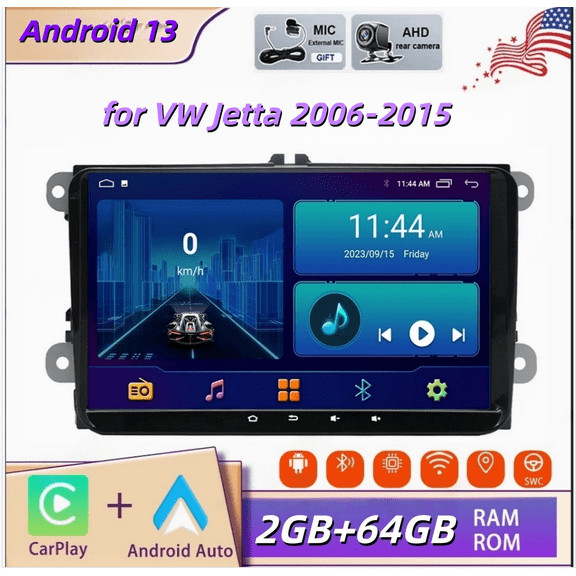 2+64G Android 13 9-inch Car Stereo Radio Compatible for VW Jetta 2006-2015 with Carplay and Android Auto GPS Navigation WiFi Bluetooth SWC RDS DSP DAB + AHD Backup Camera