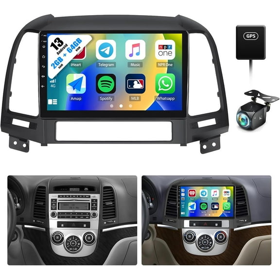 [2+64G] Android 13 Car Stereo for Hyundai Santa Fe 2006-2012 with Wireless Carplay&Android Auto,9 Inch Touch Screen Car Radio with GPS WiFi Bluetooth FM/RDS Radio HiFi SWC AUX-in+AHD Backup Camera