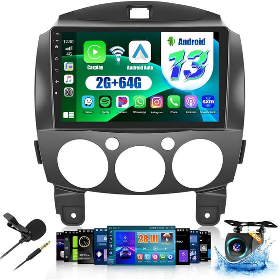 2+64G Android 13 CarPlay Car Stereo Radio for Mazda 2 2007-2014, 9'' HD Touch Screen Compatible with Android Auto, AHD Backup Camera, Mirror Link, GPS, WiFi, FM RDS
