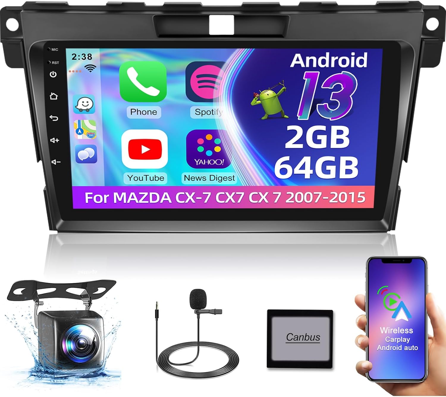 [2+64G] Estéreo Android 13 para Mazda CX7 CX 7 CX-7 2007-2015 - Apple CarPlay y Android Auto Inalámbrico - Pantalla Táctil HD de 9 Pulgadas EQ Audio - WiFi, GPS, Mirror Link, SWC + Cámara de Reversa AHD + Canbus