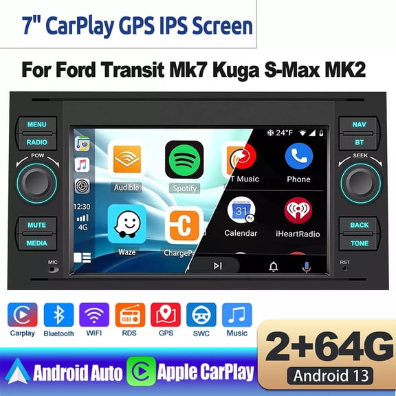 2+64G Android 15 Car Stereo for Ford Transit MK7 2005-2014 Connect 2005-2012 with Wireless CarPlay and Android Auto 7" GPS Navi BT WiFi Mirror Link AHD Camera