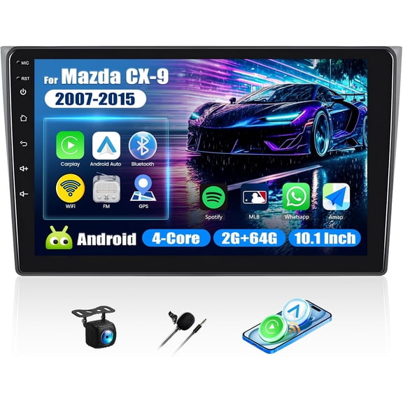 [2+64G] Android 15 Car Stereo for Mazda CX-9 2007-2015 with Wireless CarPlay&Android Auto,10.1 Inch IPS Touch Screen,Multiple Themes,Bluetooth,EQ,FM/RDS Radio,GPS Navigation,WiFi