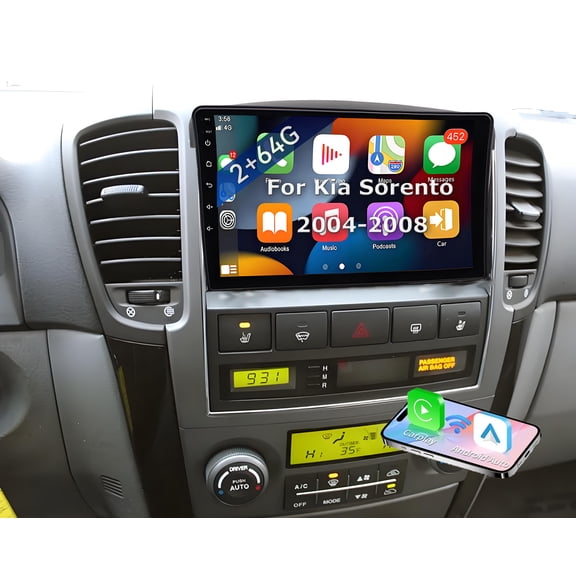 2+64G Android 15 Car Stereo for Kia Sorento 2004-2008 with Wireless CarPlay and Android Auto 9 inch Touch Screen Bluetooth FM WiFi GPS Navigation