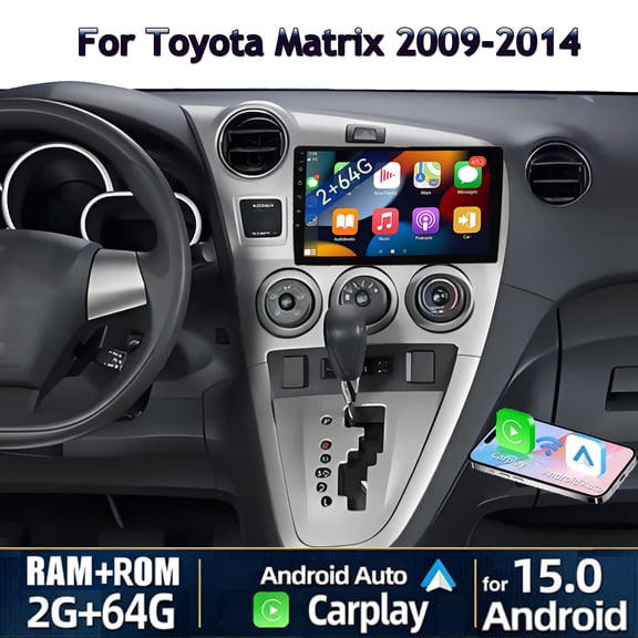 2+64G Android 15 Car Stereo for Toyota Matrix 2009-2014 9 inch Touch Screen with Carplay and Android Auto GPS Steering Wheel Control FM RDS Navi BT