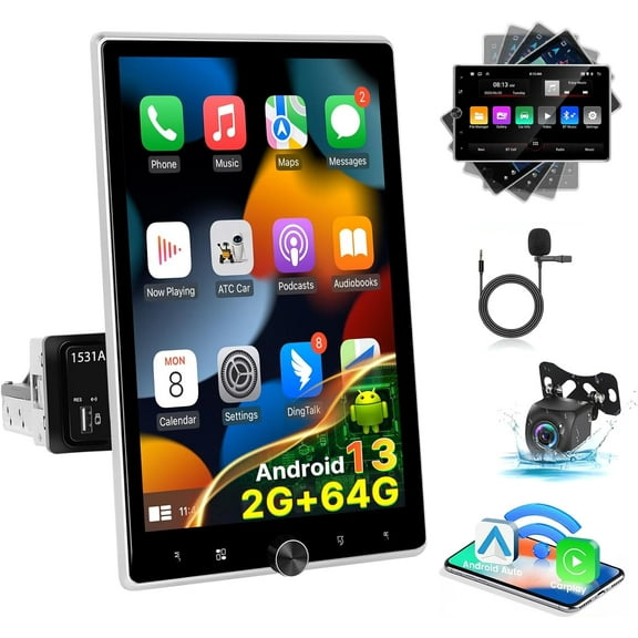 [2+64G] Android Single Din Car Stereo - 10.4 Inch Rotating Touch Screen Radio with Wireless Carplay & Android Auto, EQ, WiFi, GPS, FM RDS, Mirror Link + AHD Backup Camera & MIC
