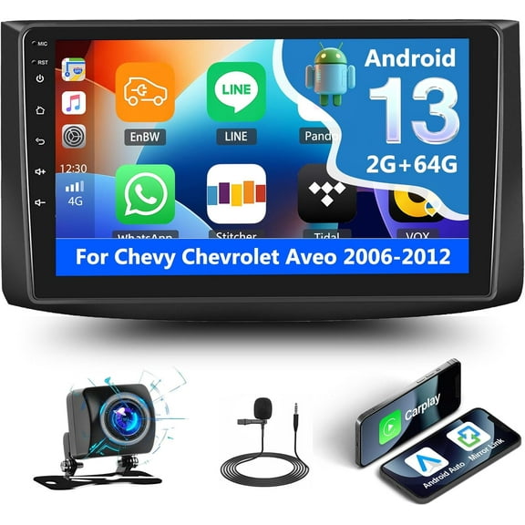2+64G Car Radio for Chevy Chevrolet Aveo 2006-2012 with Wireless Carplay Android Auto,9 Touchscreen Android 13 Car Stereo with Mirror Link WiFi/GPS Navigation Bluetooth FM/RDS SWC+AHD Rear Camera