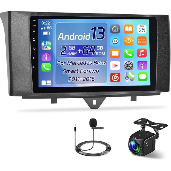 [2+64G] Car Radio for Mercedes Benz Smart Fortwo 2011-2015 - Wireless Carplay and Android Auto - 9 Inch Touchscreen Android Car Stereo - DSP/WiFi/GPS/SWC/Bluetooth + AHD Backup Camera
