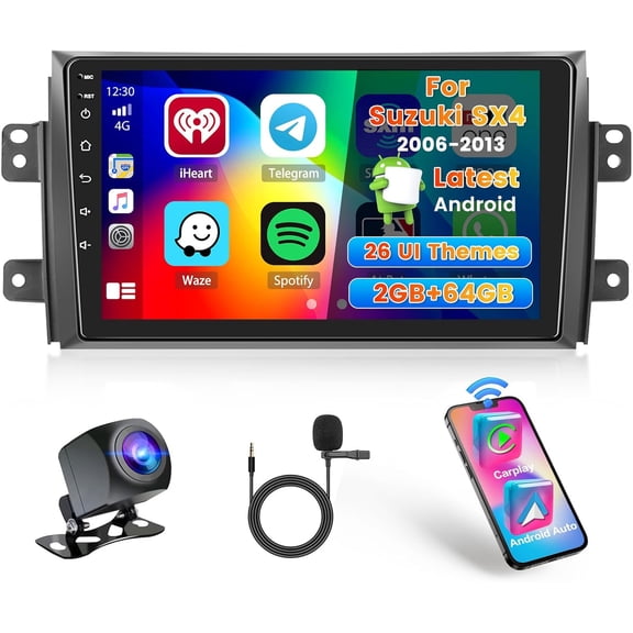 2+64G Car Radio for Suzuki SX4 2006-2013 Wireless Carplay Android Auto, 9 inch IPS Touch Screen Car Stereo with Bluetooth5.0 GPS Navigation FM RDS 5GHz WiFi Backup Camera