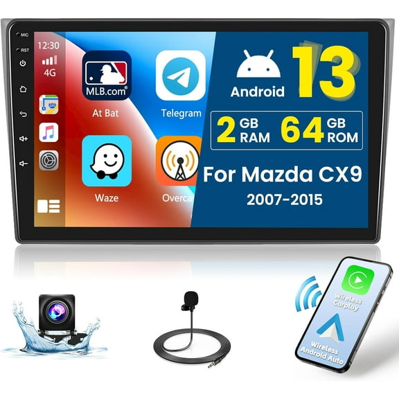 2+64G Car Stereo Radio for Mazda CX9 2007-2015 Android 13 CarPlay 10.1'' HD Touch Screen Compatible with Android Auto, AHD Backup Camera, Mirror Link, GPS, WiFi, FM RDS