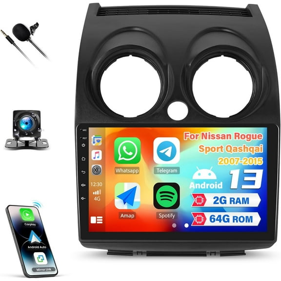 2+64G Car Stereo Radio for Nissan Rogue Sport Qashqai 2007-2015 with Wireless Carplay&Android Auto,9 Inch Touch Screen Android 13 Car Radio with Mirror Link Bluetooth FM/RDS WiFi GPS EQ SWC
