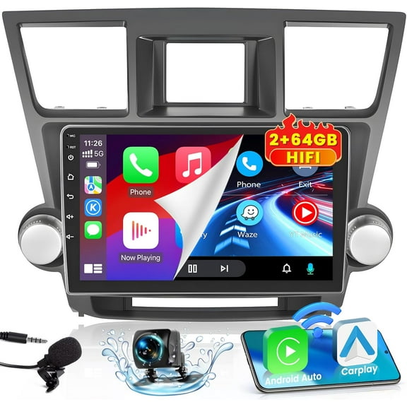 2+64G for Toyota Highlander 2008-2013 Android 13 Radio with Wireless Carplay Android Auto, 10.1'' Touch Screen Stereo HiFi WiFi Bluetooth GPS Navigation SWC FM RDS Backup Camera Mic