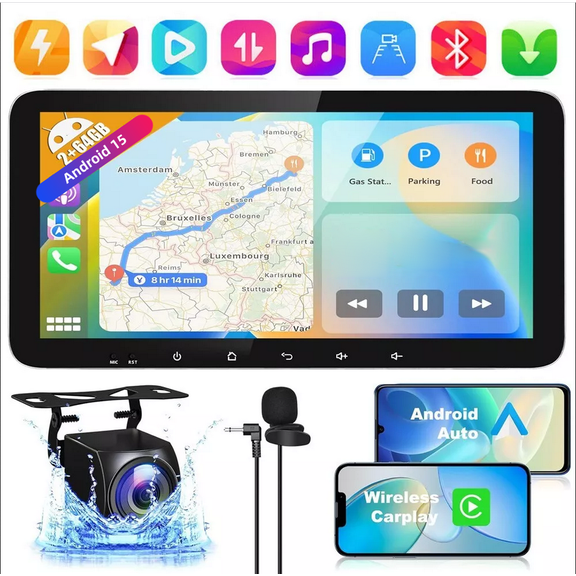 2+64GB 10.33inch Android 15 Car Stereo Radio GPS Navigation for Jeep Compass 2009-2017 with Carplay Android Auto Car Radio with Bluetooth Wifi FM SWC Split Screen+AHD Reverse Camera/Mic