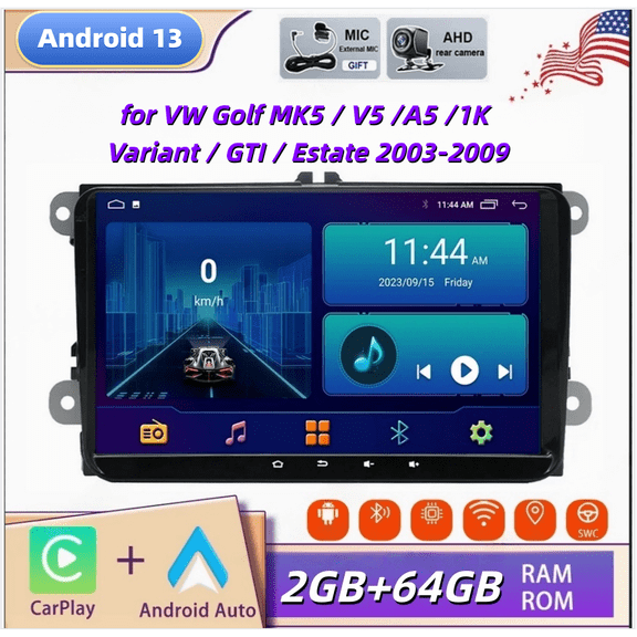 2+64GB Android 13 Car Stereo Radio for VW Golf MK5 / V5 /A5 /1K Variant / GTI / Estate 2003-2009 with Carplay Android Auto GPS Navigation Bluetooth WiFi FM/RDS SWC Mirror Link + AHD Backup Camera/Mic